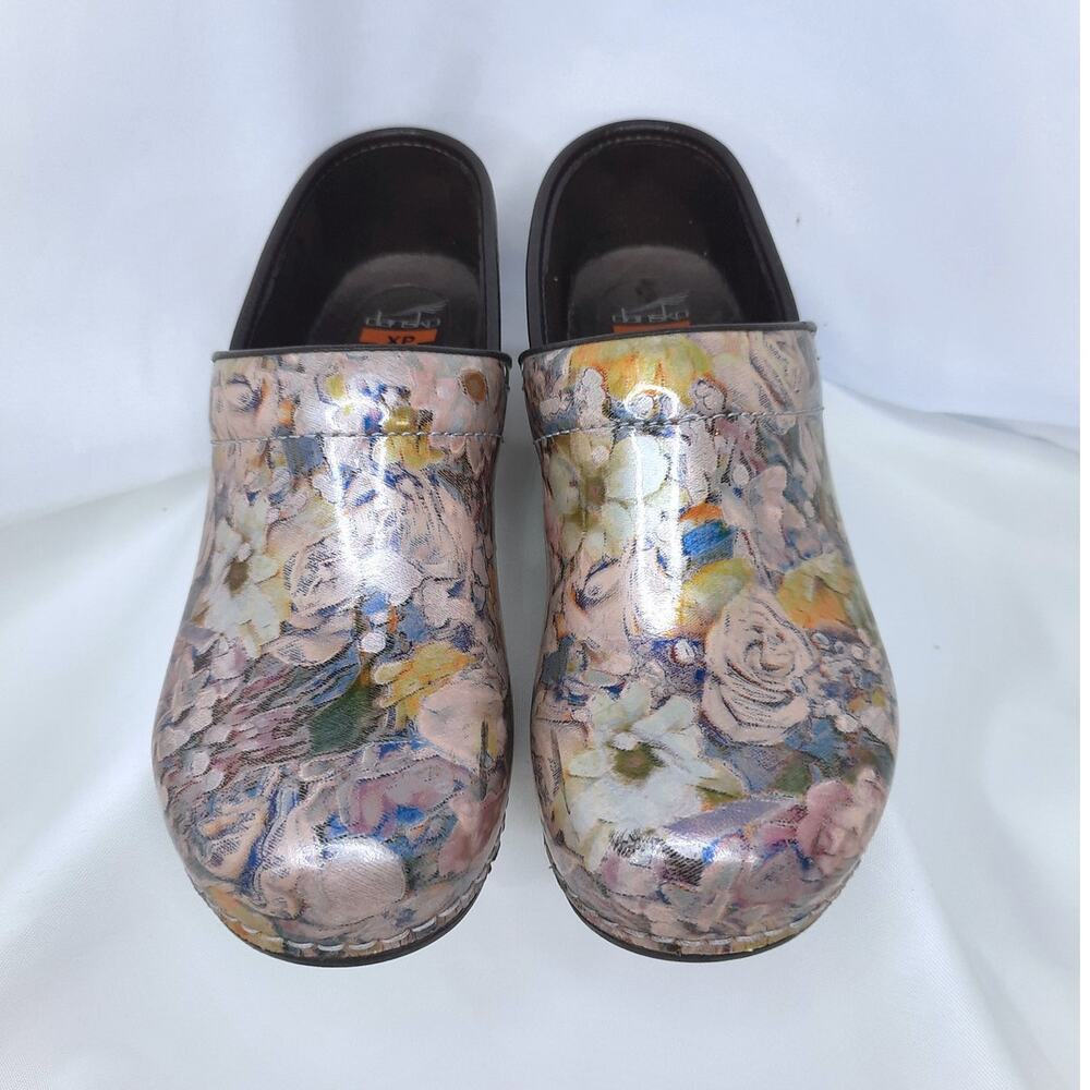 Dansko Pro XP Clogs Pastel Watercolor Floral Patent Leather Mules Nursing Shoes